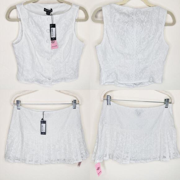 NWT Pretty Little Thing White Lace Boatneck Top Pleated Mini Skirt Two Piece Set - Picture 4 of 15